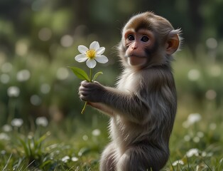 a small monkey holding a flower in it's right hand and looking at the camera while standing on its hind legs in a grassy area with a blurry ... See More
