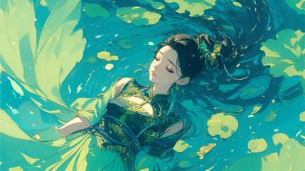 A young Asian girl wearing a green dress relaxes and relaxes in the river, Illustrations, paintings, watercolors, copy space for text,  - Generative AI

