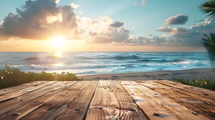 Sticker - Wooden Table with Serene Beach Backdrop for Product Showcase in Natural Lighting