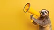 © CrazyJuke - Cute sloth with yellow megaphone on solid background. Colorful illustration of a happy sloth speaking.