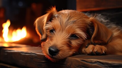 Wall Mural - .Cute puppy dog sleeping at home, happy and relaxed, cool and peaceful, calm and serene, on kitchen wooden table, close-up portrait 