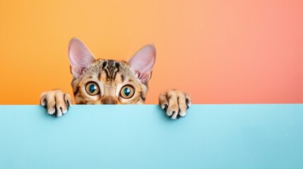 bengal kitten peeking over pastel bright background