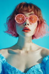 Wall Mural - Woman with pink hair wearing citrus slice sunglasses. Creative summer fashion portrait with bold colors and blue background.