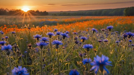 Wall Mural - Beautiful Blue Gold Wildflowers Open Field Tree Line Golden Hour Sunset