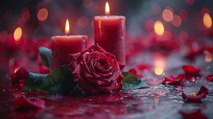 Red rose with candles on red background Intimate valentine celebration concept