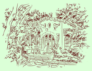 Wall Mural - illustration of a house in forest vector for card decoration illustration