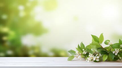 Wall Mural - White wooden table top with spring green leafs