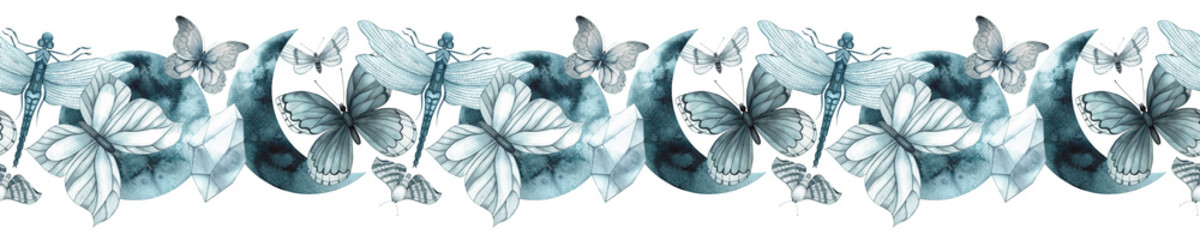 Butterfly, moths, insects, moon, half moon, crystal blue, illustration painted in watercolor. Seamless border in a monochrome color scheme, a shade of indigo. For textiles, tableware, children's room.