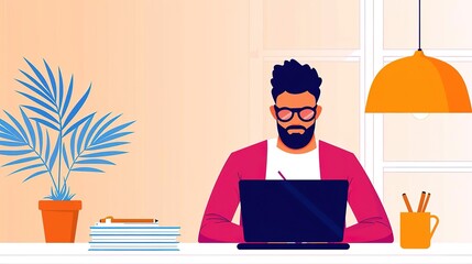 man working on laptop at home office desk