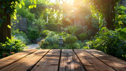Wall Mural - outdoor wooden table with serene garden view and natural lighting for product display