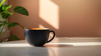 Wall Mural - Black Minimalist Coffee Cup on Sleek Modern Kitchen Counter with Peaceful Ambiance