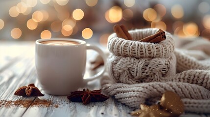 Poster - Cozy Winter Coffee Cup with Cinnamon Sticks in Inviting Holiday Setting