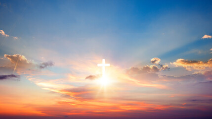 Wall Mural - cross of jesus christ on sunset sky background. cross of jesus christ on sunset sky background