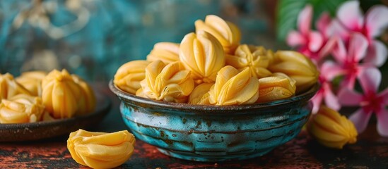 Sticker - Fresh Starfruit in a Blue Bowl on a Rustic Table