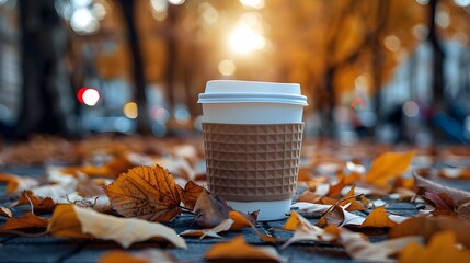 Wall Mural - Cozy Autumn Coffee Cup with Fallen Leaves on Rustic Table in Warm Seasonal Setting