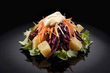 salad with shredded  beets a bed of crisp, fresh greens, topped with a vibrant assortment of ingredients