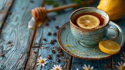 Poster - Unique Combination of Coffee Honey and Lemon on Rustic Wooden Table