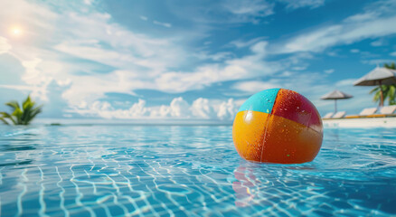 Sticker - Colorful beach ball floating in a swimming pool with a blurred background of a tropical resort hotel and palm trees, depicting a summer vacation concept.