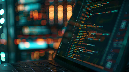 Wall Mural - a close-up on a laptop screen displaying code with cloud service apis and a blurred background of a 