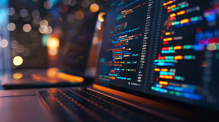 Wall Mural - a close-up on a laptop screen displaying code with cloud service apis and a blurred background of a 