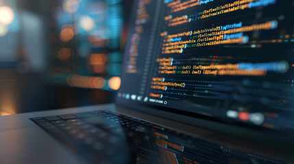 Wall Mural - a close-up on a laptop screen displaying code with cloud service apis and a blurred background of a 