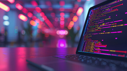 Wall Mural - a close-up on a laptop screen displaying code with cloud service apis and a blurred background of a 