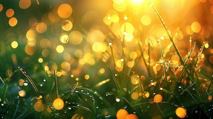 Sticker - Stunning shot of grassland with clear raindrops and golden sunlight on a blurred background. The image has a peaceful and calming atmosphere.