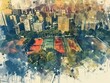 © dheograft - Cityscape with Tennis Courts Watercolor Painting
