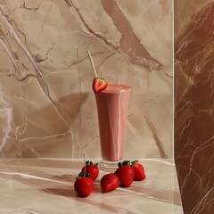 Wall Mural - Glass of strawberry milkshake with fresh strawberries on marble table