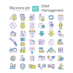 Poster - Debt management RGB color icons set. Credit card balance. Home equity, transfer money. Payment period. Isolated vector illustrations. Simple filled line drawings collection. Editable stroke