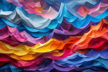 Wall Mural - abstract layered paper art vibrant colors artistic waves sunset scene intricate details colorful lan