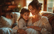 © VRKit360 - A pregnant woman and her daughter sitting on the couch, portrait mode
