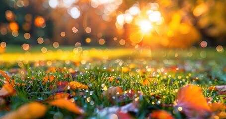 Wall Mural - Morning dew glistening on autumn leaves with sunlight filtering through, creating a beautiful, sparkling scene.