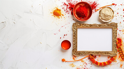 Poster - Puja thali with deepak with a small photo frame, on white background