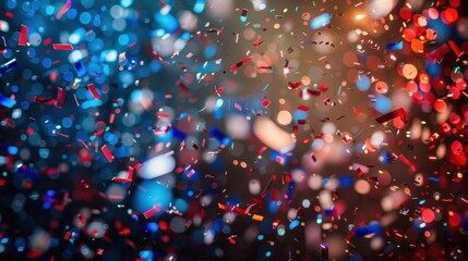 Wall Mural - Close-up of colorful confetti falling with blurred lights in the background, creating a festive and celebratory atmosphere.