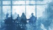 © Nima - Silhouettes of Business People Meeting in a Modern Office - A group of four business professionals are silhouetted in a modern office setting, symbolized by their focused posture, large windows, and s