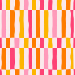 Abstract seamless pattern of vertical multicolored stripes in a row, distorted chess pattern, hand drawn illustration, flat style