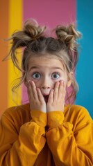 Wall Mural - A young girl with messy hair covering her face and hands. AI.