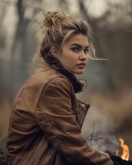 Canvas Print - A woman sitting on a log with her hair blowing in the wind. AI.