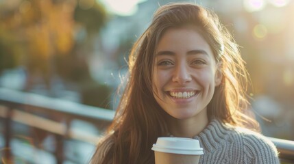 Wall Mural - A woman smiling while holding a coffee cup and looking at the camera. AI.