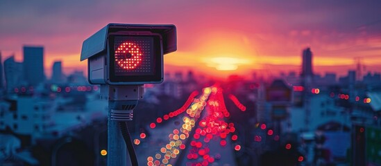 Wall Mural - Cityscape with a Security Camera at Sunset