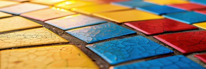 Poster - A close up of a colorful mosaic tile floor with different colors. AI.