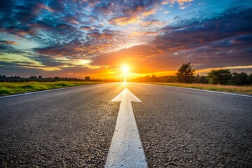 low angle photography of a white arrow on the asphalt road during the sunset. straight ahead way con