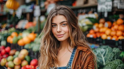 Smiling Woman at Farmers Market Stall Displaying Fresh Organic Produce Including Vegetables and Fruits in Vibrant and Healthy Outdoor Market Setting