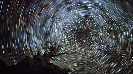 A mesmerizing night sky captured with long exposure, showcasing star trails streaking across the darkness, creating a celestial masterpiece.