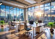 © Sirinporn - Modern corporate office with sleek desks, ergonomic chairs, and floor-to-ceiling windows reflecting cityscape, conveying business innovation, entrepreneurial spirit, and collaborative workspace.