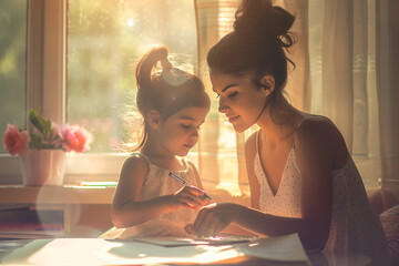 Wall Mural - Beautiful mother helping to cute little girl with school lessons