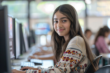 Wall Mural - Teenage girl using computer in modern bright class