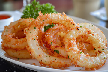 Wall Mural - fresh fried onion rings with sauce on plate