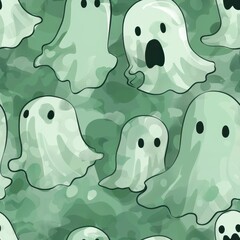 Sticker - ghosty ghosts on a green background. Seamless pattern